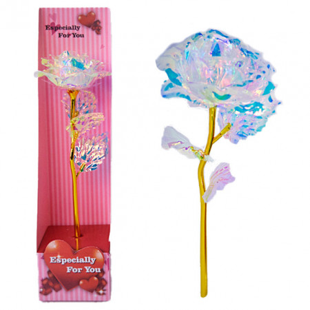 Trandafir artizanal cu tulpina aurie, in cutie, Alb, 28cm