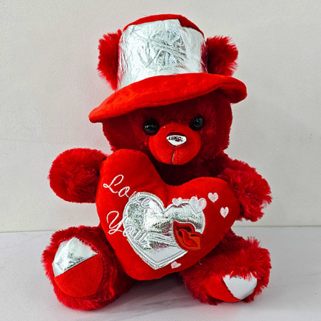 Ursulet de plus Pudding, cu palarie argintie si inimioara imprimata "Love You kiss", inaltime 30 cm, Rosu/Argintiu