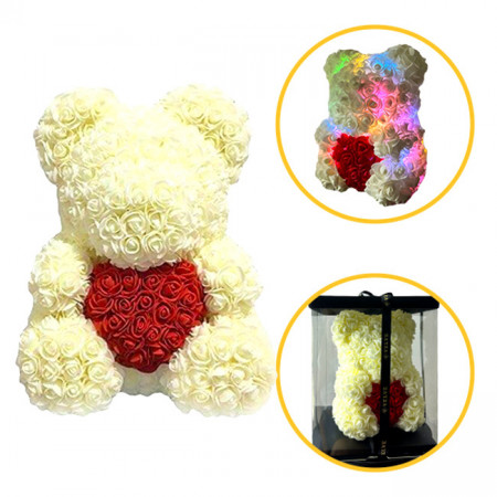 Ursulet floral 30 cm, cu led de lumini, din trandafiri spuma alb cu inima rosie, in cutie cadou