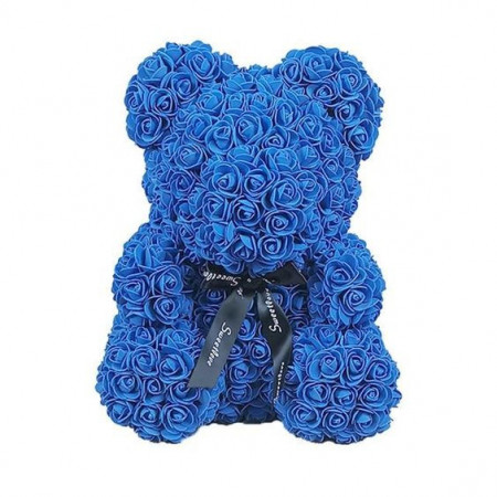 Ursulet floral albastru din Trandafiri 40 cm, decorat manual, cutie cadou