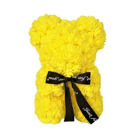 Ursulet floral galben din Trandafiri 25 cm, decorat manual, cutie cadou