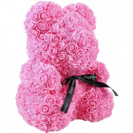 Ursulet floral roz din Trandafiri 30 cm, decorat manual, cutie cadou