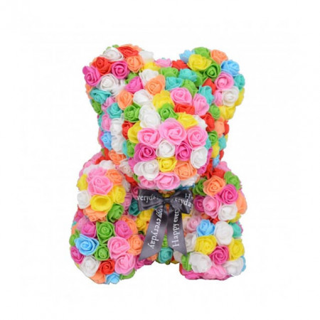 Ursulet Floral Teddy Bear rainbow din Trandafiri de spuma, 40 cm, in cutie cadou, multicolor