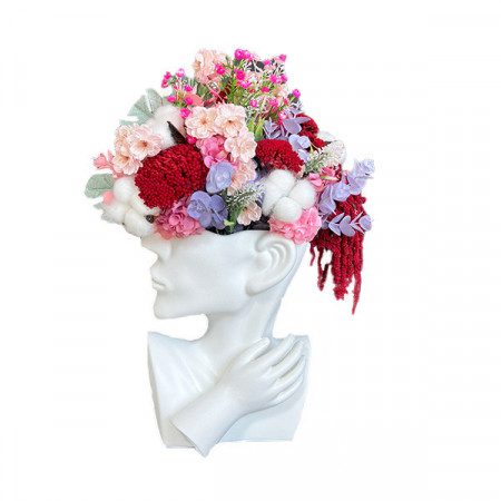 Vaza Venus PowerWoman cu aranjament, flori de cires, achillea burghundi si eucalipt, alb