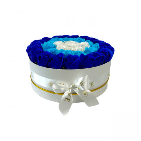 Aranjament floral Colors, in cutie rotunda alba cu 35 trandafiri de sapun, Albastru