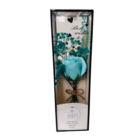 Aranjament floral LHEA de primavara, cu LED, buchet de flori criogenate si trandafir de sapun, Albastru