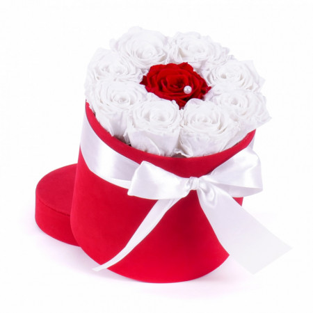 Aranjament floral Special One, cutie rotunda cu funda si trandafiri de sapun, alb