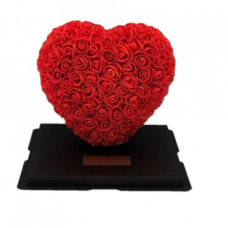 Aranjament Inima rosu din trandafiri de spuma decorat manual, 37 cm, in cutie transparenta