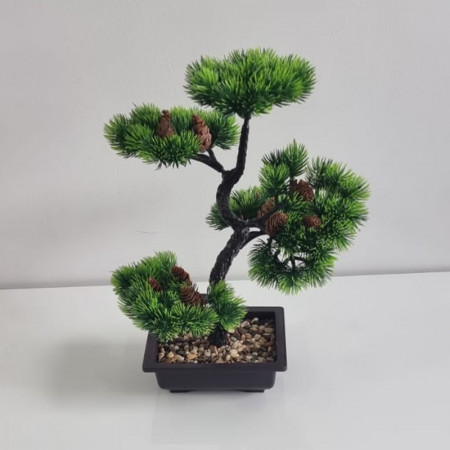 Bonsai artificial cu conuri in ghiveci, Conifer, 38 cm inaltime
