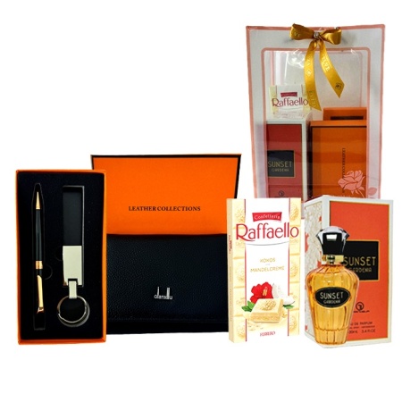 Boo Basket Orange cu portofel din piele naturala, set breloc si pix asortat, parfum Grandeur Elite 100ml si ciocolata Raffaello