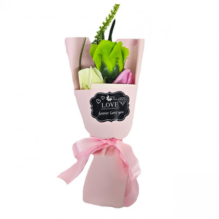 Buchet Forever Love cu 3 trandafiri de sapun in cutie cadou, Verde 25.5X10 cm