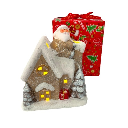 Casa de poveste a Moșului, decoratiune luminoasa de Craciun in forma de casuta acoperita de zapada, cu stelute, 17 x 15 cm, Bej-Alb