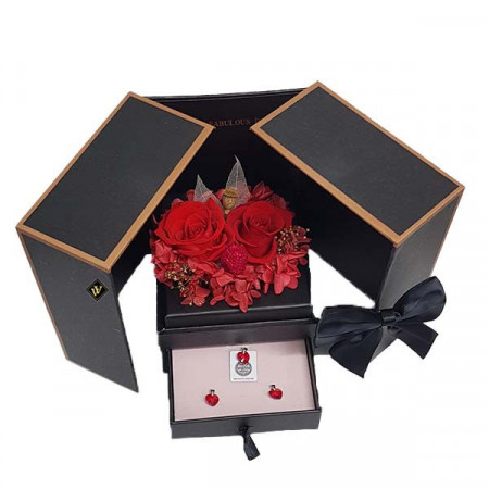 Cutie cu bijuterii, cercei si pandantiv cu cristale swarovski, trandafiri si hortensii criogenate, Ø 13 X 13 X 17