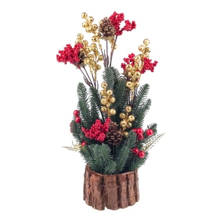 Decoratiune de Craciun cu crengute, conuri de brad si merisoare, pe suport trunchi de copac, 18x42 cm