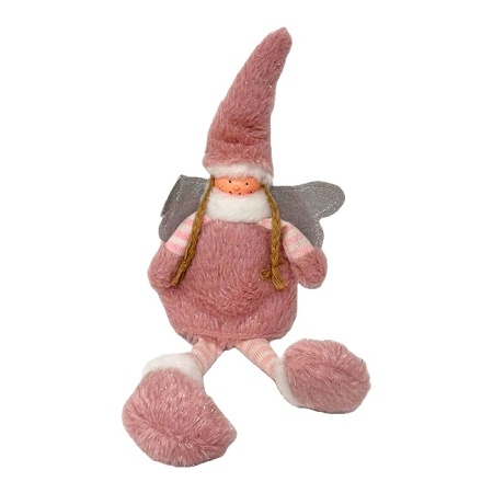 Decoratiune tematica de iarna, papusica Elf costumata in înger, 32 cm, Roz Prafuit
