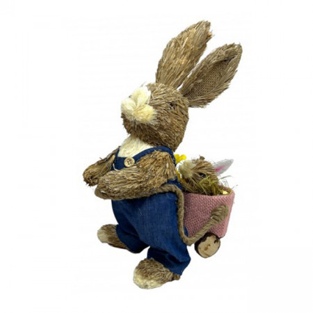 Figurina decorativa din paie Iepuras Yvan cu carut, 26 cm, Albastru indigo