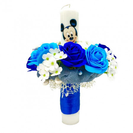 Lumanare de botez cu Mickey Mouse si flori de sapun, baiat