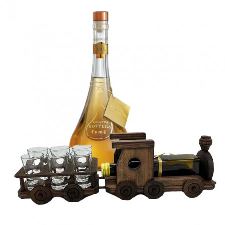 Pachet Minibar, suport din lemn in forma de locomotiva, cu sticla, 6 pahare si Grappa Bottega Fume