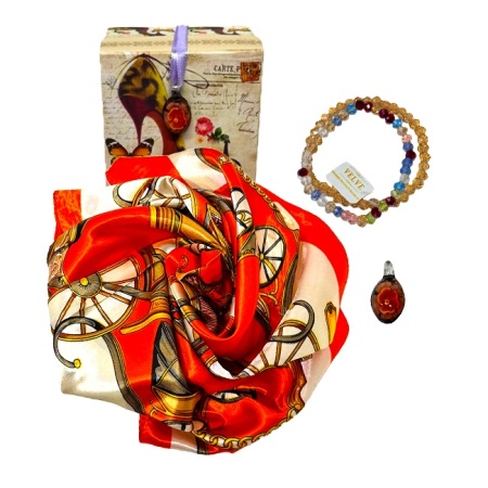 Pachet Stylish pentru femei, cu esarfa eleganta, doua bratari si pandantiv din sticla de Murano, in cutie cadou, Portocaliu multicolor