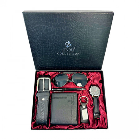 Set cadou pentru barbati JESOU COLLECTION, cutie cu portofel, ceas, curea, ochelari de soare, breloc si pix, 27.5x22 cm, Negru