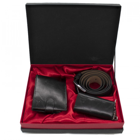 Set cadou pentru barbati VLV, cutie cu 3 articole practice, portofel, curea si accesoriu inedit pentru chei, 27x22 cm, Negru