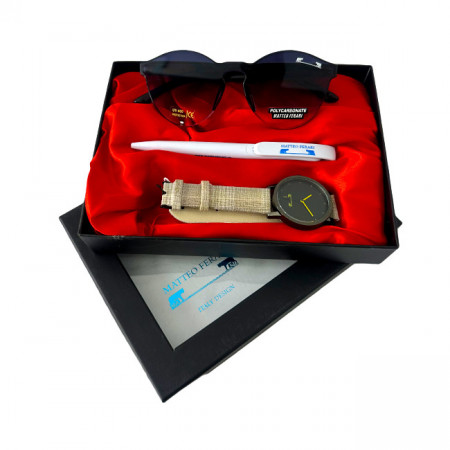 Set cadou pentru femei MATTEO FERARI, cutie cu trei articole practice, ceas dama, ochelari de soare si pix 20.5x15cm, Crem