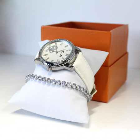 Set ceas elegant Waterproof Matteo Ferari, curea din piele ecologica si bratara asortata, One Heart, Alb/Argintiu