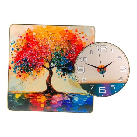 Tablou practic din lemn MDF si cristale, cu ceas analog, Time Tree, Anotimpurile Multicolore, 54X39 cm