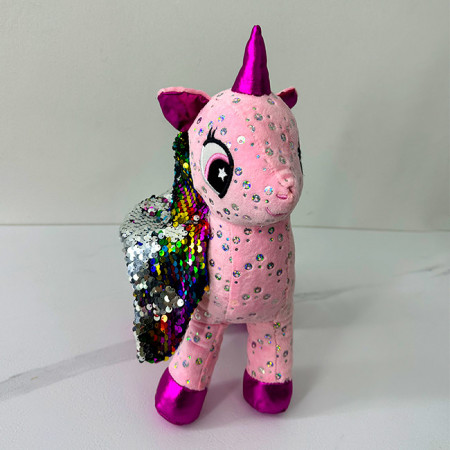 Unicorn de plus Sparkle Pony, cu paiete multicolore, Inaltime 32 cm, Roz-Mov