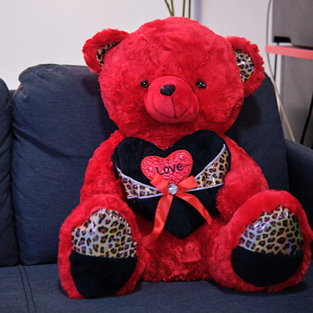 Ursulet de plus Black Heart, cu inima in nuante de negru si rosu si funda, înălțime 50 cm, Rosu/Negru