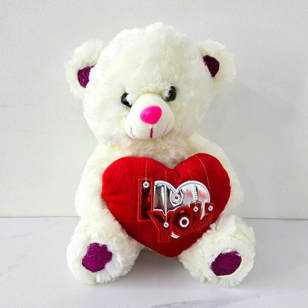 Ursulet de plus BUBU, cu inimioara si imprimeu embosat cu argintiu, inaltime 28 cm, Alb/Mov