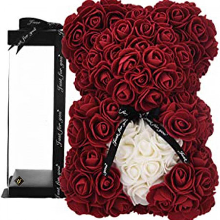 Ursulet floral din trandafiri de sapun Teddy Bear in Love, 25 cm, in cutie cadou, bordo