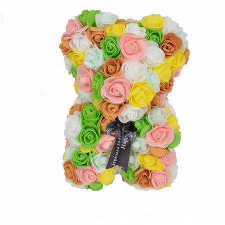 Ursulet floral multicolor din Trandafiri 25 cm, decorat manual, cutie cadou, verde-somon-alb