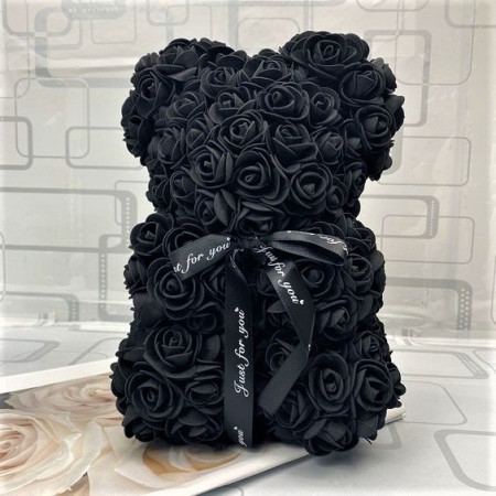 Ursulet floral negru din Trandafiri 25 cm, decorat manual, cutie cadou