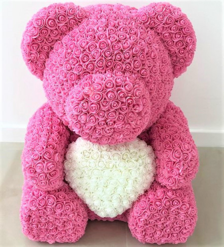 Ursulet floral roz cu inima alba din Trandafiri 70 cm, decorat manual, cutie cadou