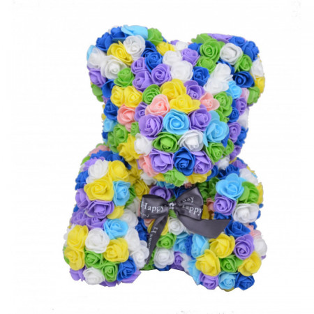 Ursulet Floral Teddy Bear rainbow din Trandafiri de spuma, 40 cm, in cutie cadou, albastru-galben-mov