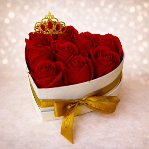 Aranjament floral „Royal Crown” in cutie inima cu 10 trandafiri de sapun și topper coroana aurie - Img 2