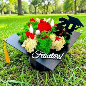 Aranjament floral absolvire 2026 Ceremony, tip toca, cu licheni stabilizati si flori criogenate, Verde/Negru - Img 2