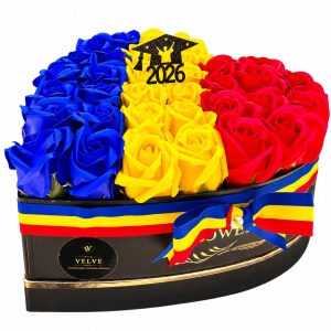 Aranjament floral absolvire 2026, cutie inima cu 31 trandafiri de sapun Tricolor - Img 2