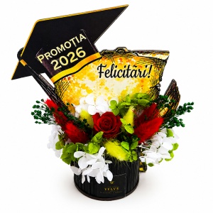 Aranjament floral absolvire Promotia 2026, tip trofeu cu flori criogenate