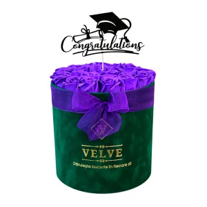 Aranjament floral absolvire Radiance, in cutie rotunda verde, cu 25 trandafiri din sapun, Mov