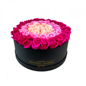 Aranjament floral Divine, in cutie rotunda neagra cu 35 trandafiri de sapun2