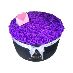 Aranjament floral 101 trandafiri de sapun, in cutie cadou cu felicitare personalizata, Indigo diametru 42cm detaliu