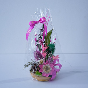 Aranjament floral in ghiveci, din flori uscate, roz, 27cm