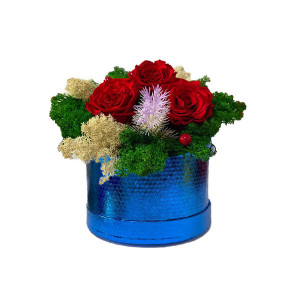 Aranjament Floral Midnight Dream cu 3 trandafiri criogenati pe pat de licheni naturali stabilizati Rosu