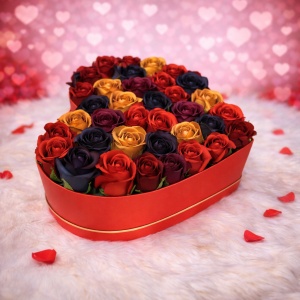 Aranjament floral Miracle Blossom cutie inima cu 29 trandafiri sapun