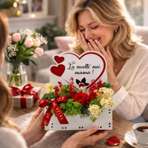 Aranjament floral pentru Mama cu trandafir rosu criogenat, licheni stabilizati si funda satinata, in cutiuta decorativa - Img 2