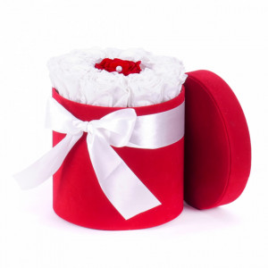Aranjament floral Special, cutie rotunda cu funda si trandafiri de sapun, alb