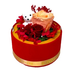 Aranjament Rose, cu flori criogenati, in cupola de plastic, decoratiune ursulet, in cutie rotunda de catifea - Img 3
