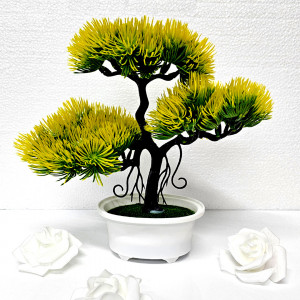 Bonsai decorativ artificial, colorat, in ghiveci miniatural, Pin Desire, Galben, Inaltime 25 cm2